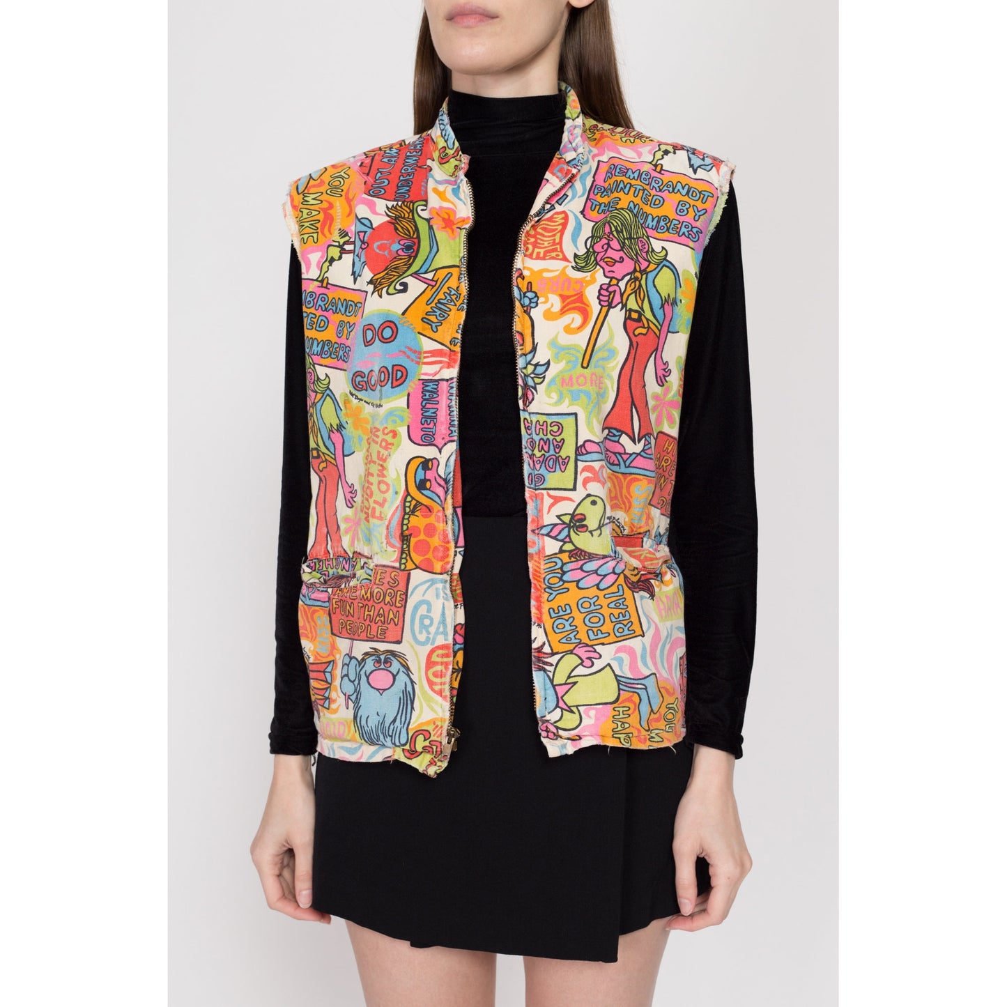 Med-Lrg 60s 70s Hippie Psychedelic Novelty Print Vest | Vintage Hot Dogs & Dill Pickles Cartoon Cotton Sleeveless Jacket