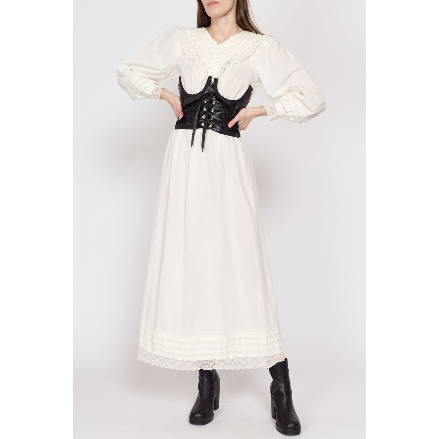 XS 80s Does Victorian White Prairie Nightgown | Vintage Boho Long Sleeve Lace Trim Maxi Dress