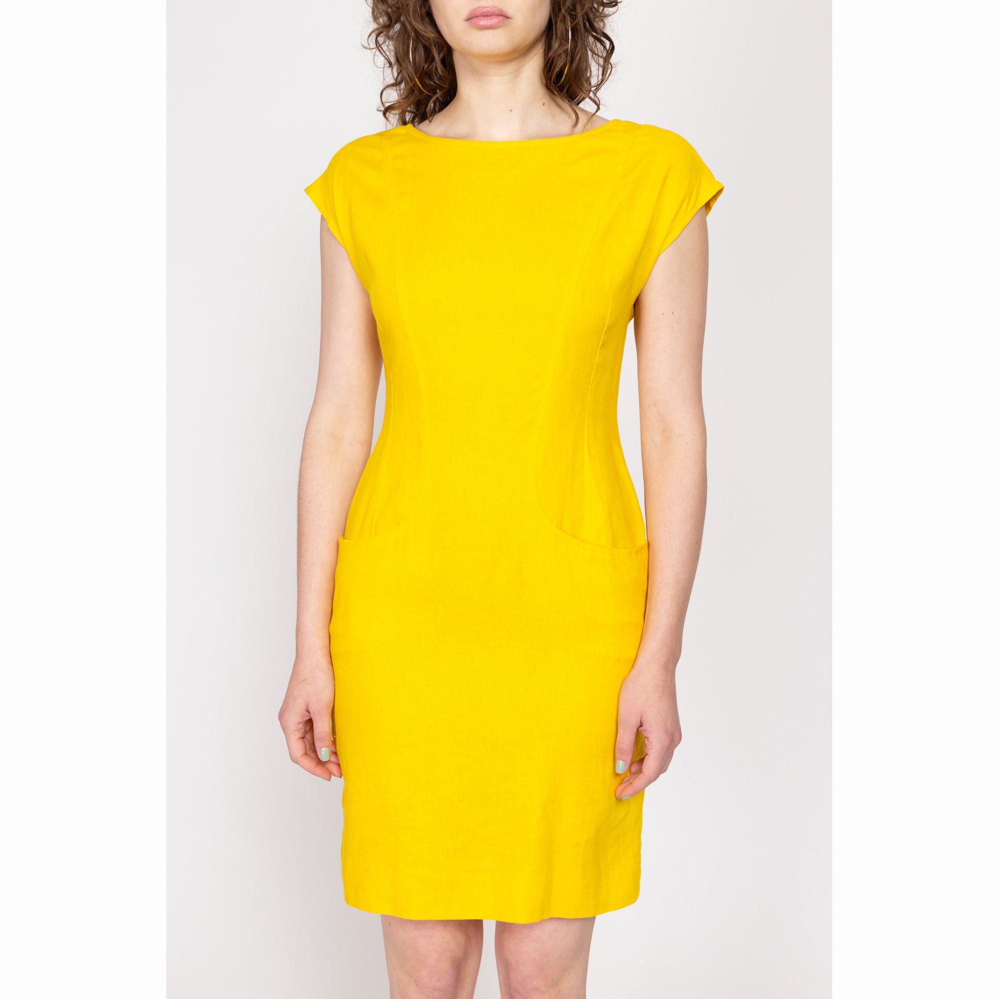 Medium 80s Yellow Linen Low Back Mini Dress | Vintage Button Back Cap Sleeve Shift Cocktail Dress