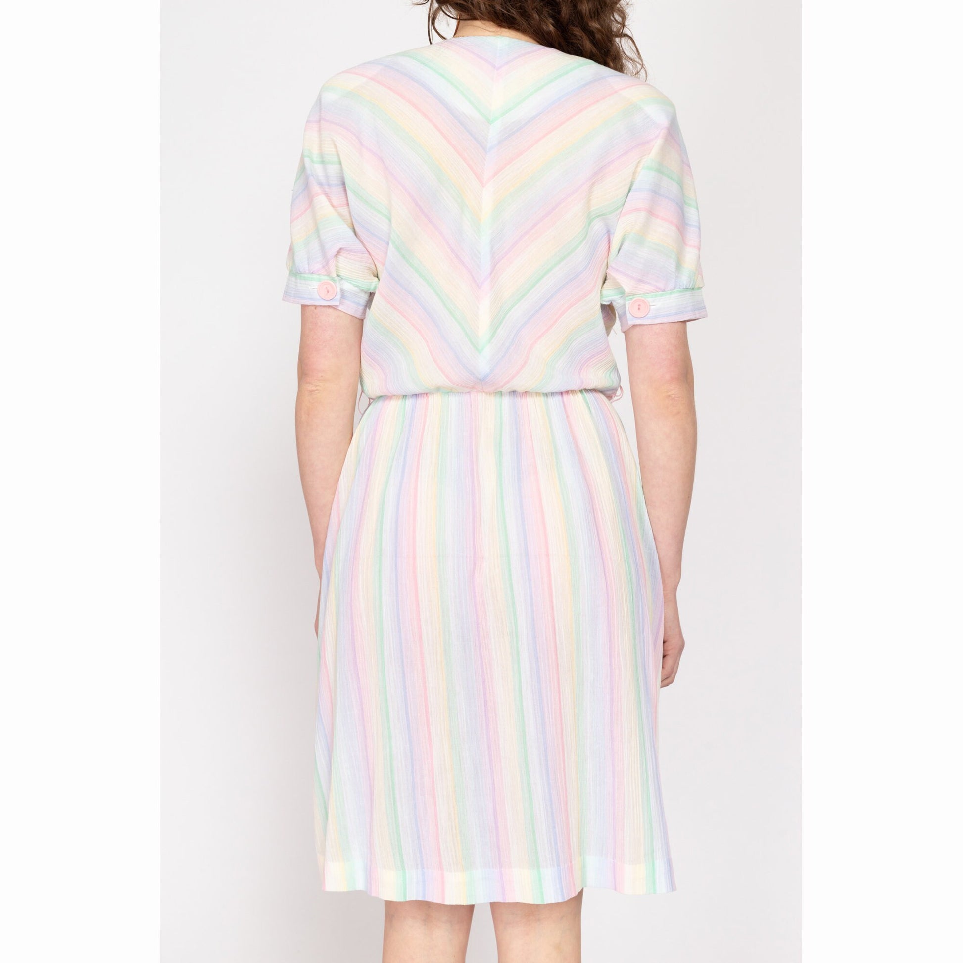 Large 70s 80s Rainbow Pastel Striped Shirtdress | Vintage Chevron Stripe Short Sleeve Knee Length Dress