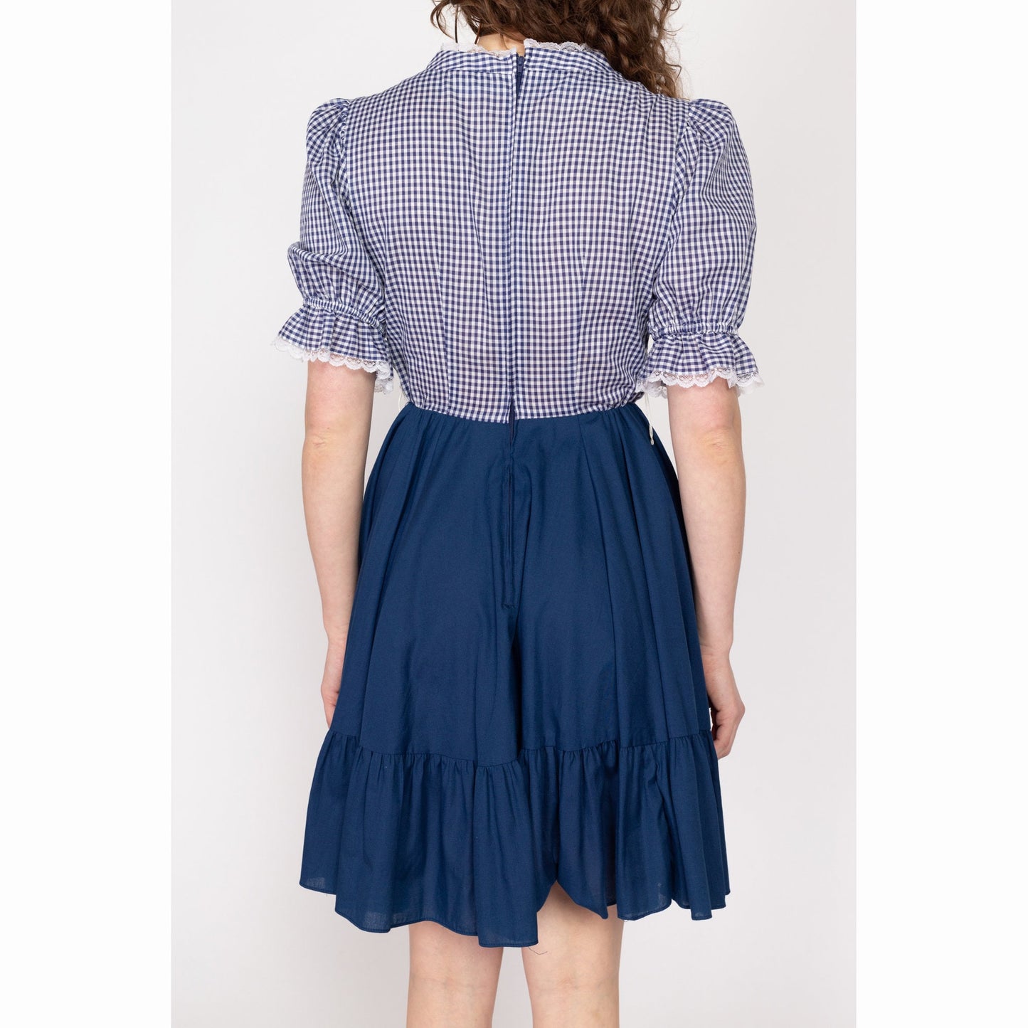 Small 70s Blue Gingham Puff Sleeve Mini Dress | Vintage Boho Fit & Flare Prairie Square Dance Dress