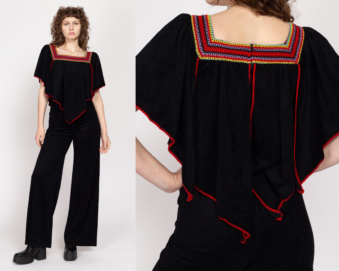 Small 70s Boho Black Velour Capelet Jumpsuit | Vintage Embroidered Trim Straight Leg Disco Pantsuit
