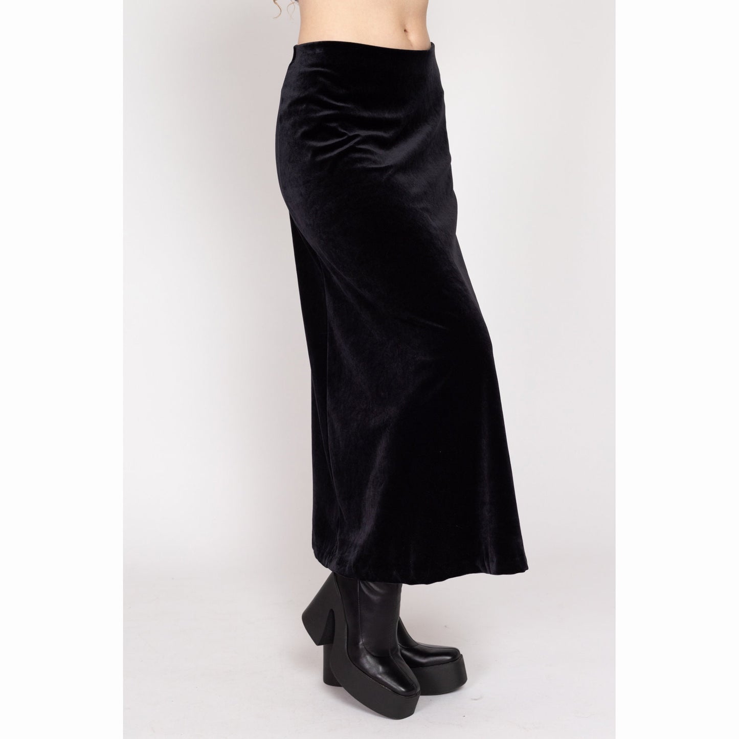 Medium 90s Minimalist Black Velvet Maxi Skirt | Vintage High Waisted Gothic Grunge A Line Skirt