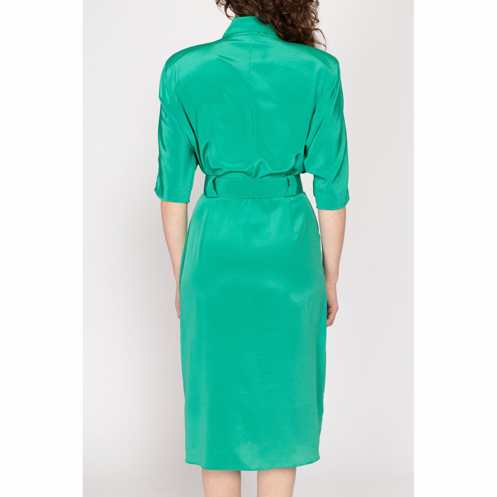 Sm-Med 80s Teal Green Dolman Sleeve Shirtdress | Vintage Belted Pleated Skirt Western Midi Dress