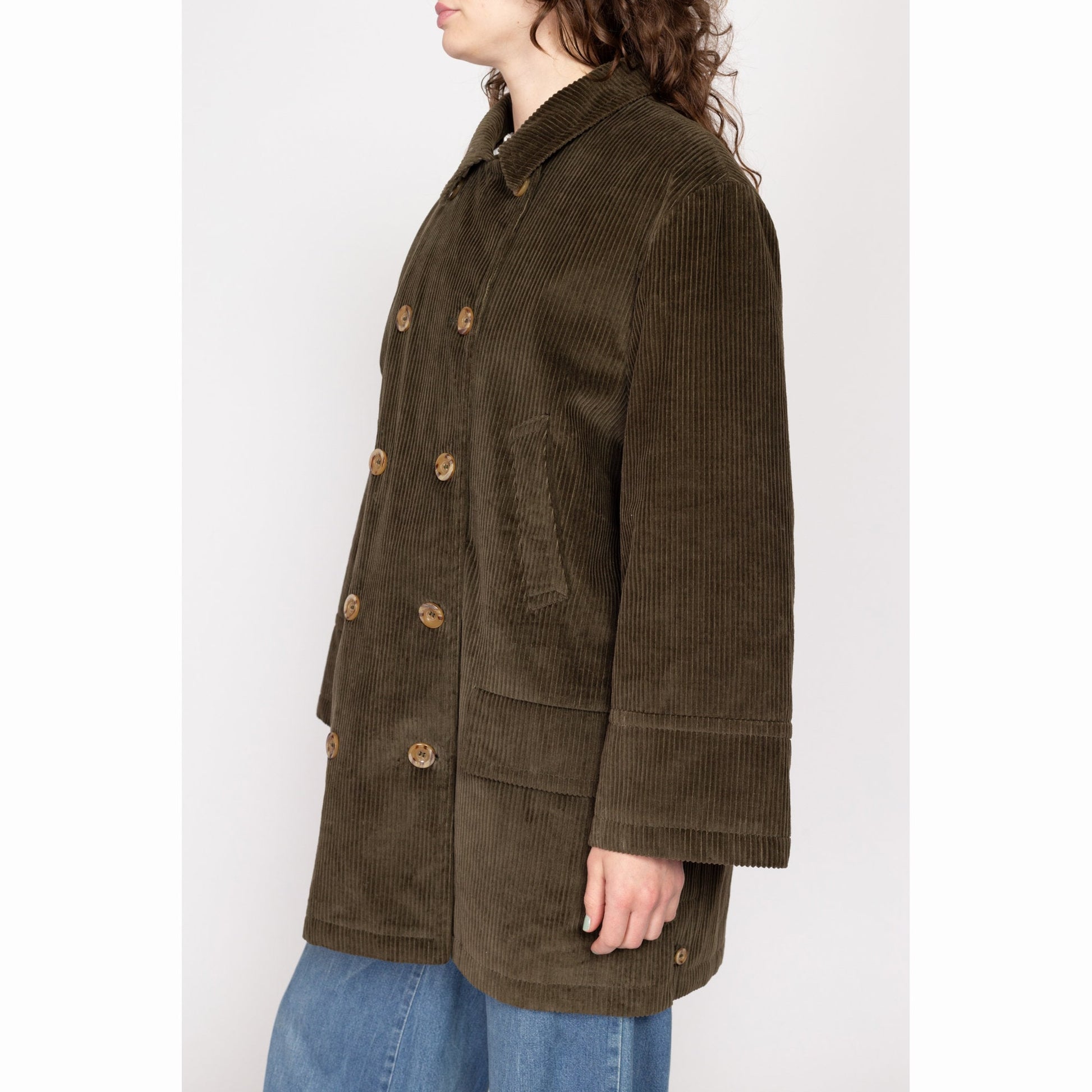 Med-Lrg 80s Harve Bernard Olive Green Corduroy Peacoat | Vintage Oversize Double Breasted Collared Jacket