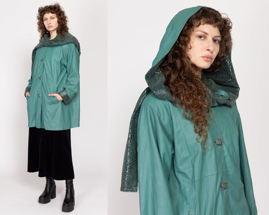XL 80s Sage Green Snakeskin Leather Hooded Jacket | Vintage Button Up Mid Length Shawl Hood Coat