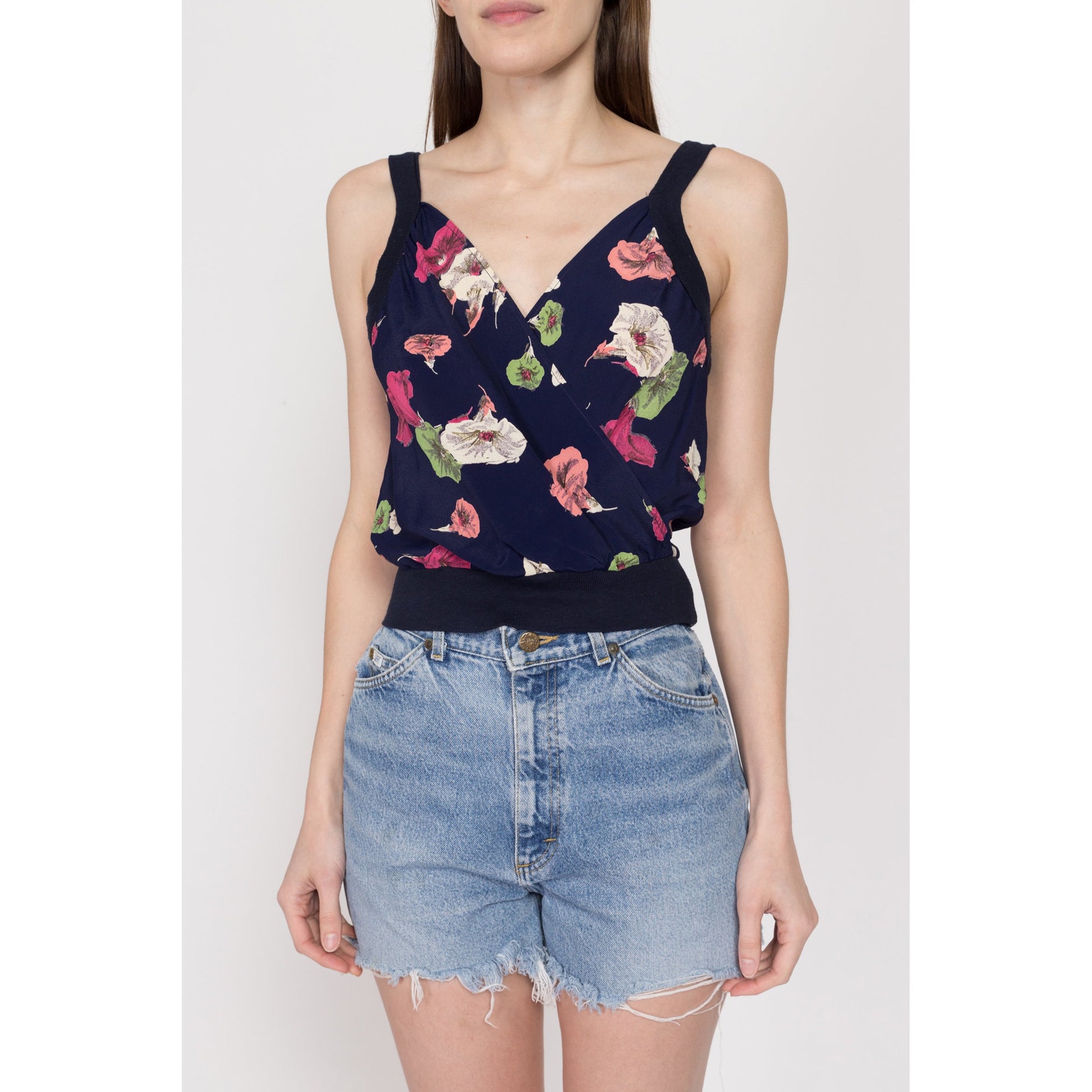 Small 80s Navy Blue Floral Cropped Tank | Vintage Boho Sleeveless Wrap Crop Top