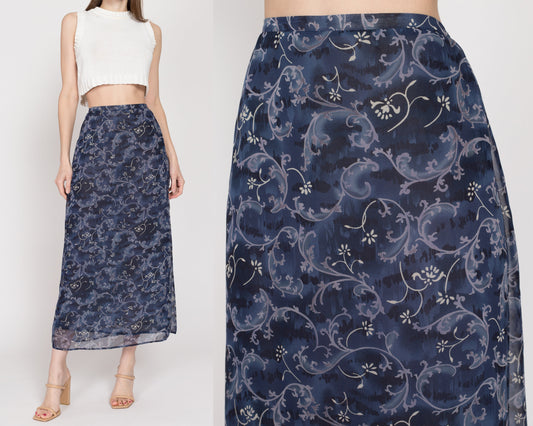 Small 90s Blue Floral Maxi Skirt | Vintage Grunge High Waisted Ankle Length Skirt