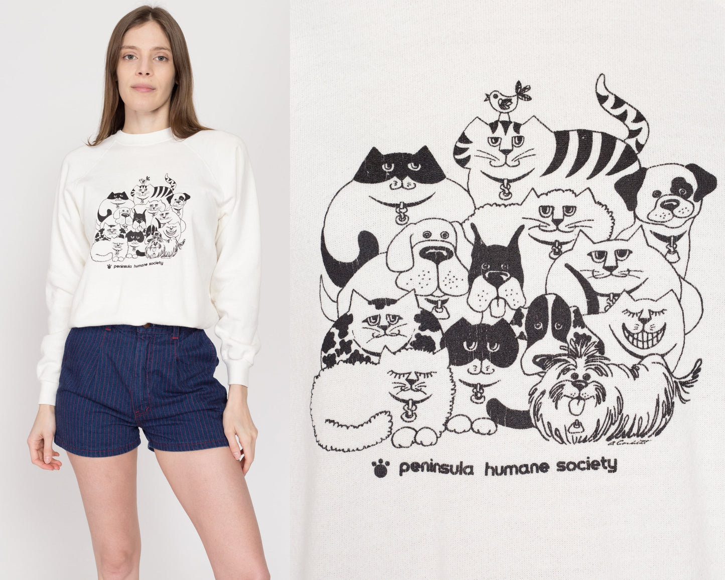 Medium 80s Humane Society Cats & Dogs Sweatshirt | Vintage White Cute Cartoon Animal Graphic Raglan Sleeve Crewneck