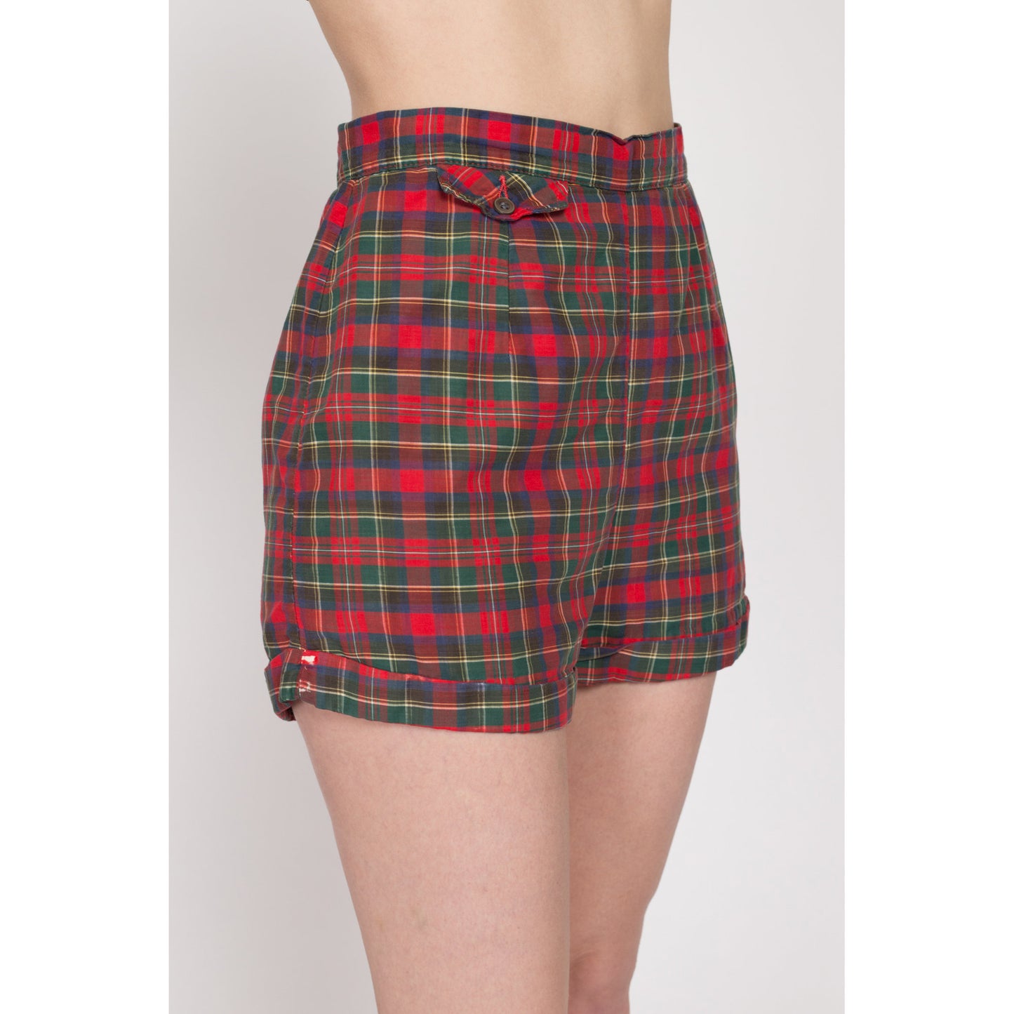 Small 1950s Jantzen Red Plaid High Waisted Pin Up Shorts 26" | Retro Vintage 50s Rockabilly Cotton Cuffed Mini Shorts