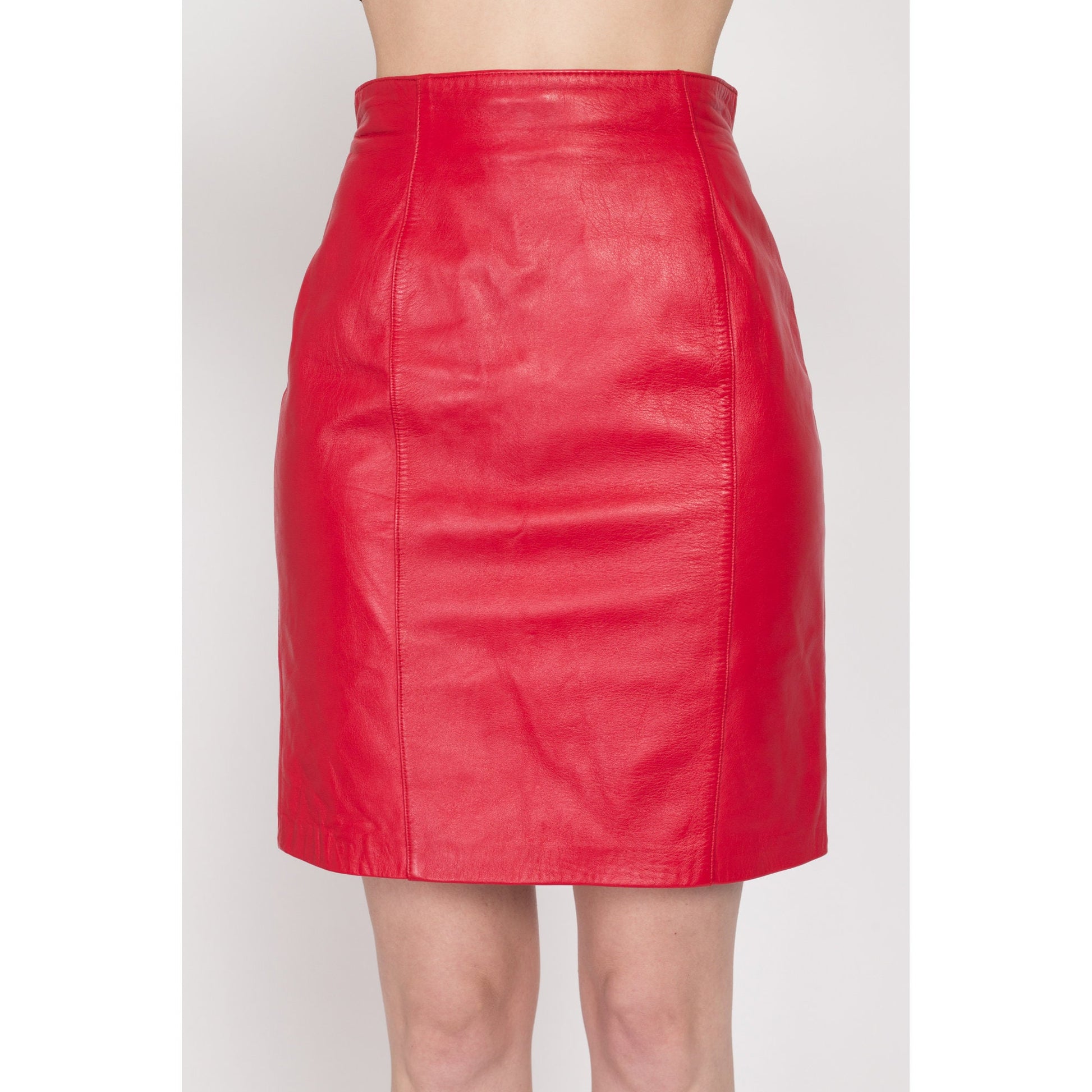 Small 90s Red Leather Pencil Skirt | Vintage High Waisted Rocker Fitted Mini Skirt