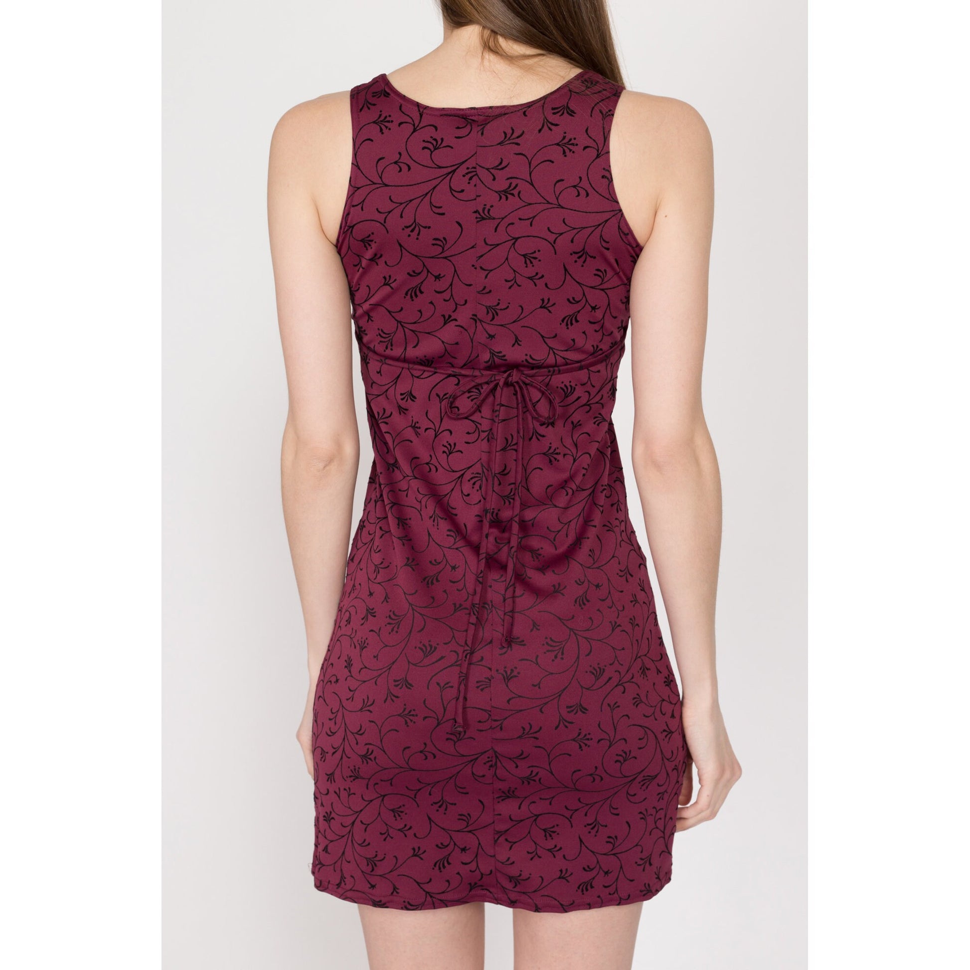 Petite XS 90s Wine Red Floral Mini Grunge Dress | Vintage Sleeveless Tie Back Fitted Dress