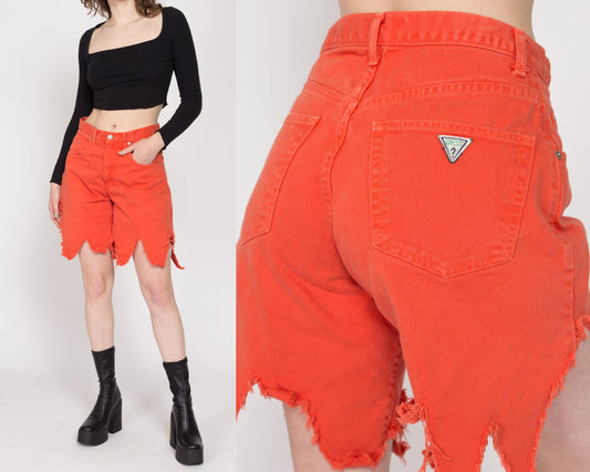 Medium 90s Guess Orange Dagger Hem Jean Shorts 30" | Vintage High Waisted Denim Cut Off Shorts