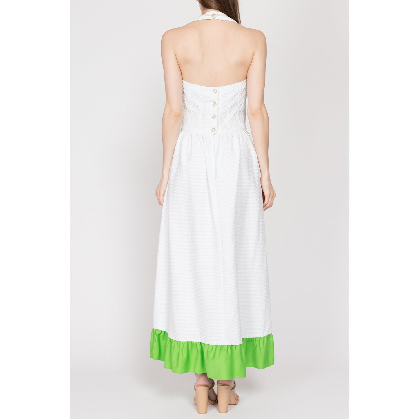XS-Sm 70s Tulip Pocket Halter Maxi Dress | Vintage Boho White Flower Applique Long Summer Sundress