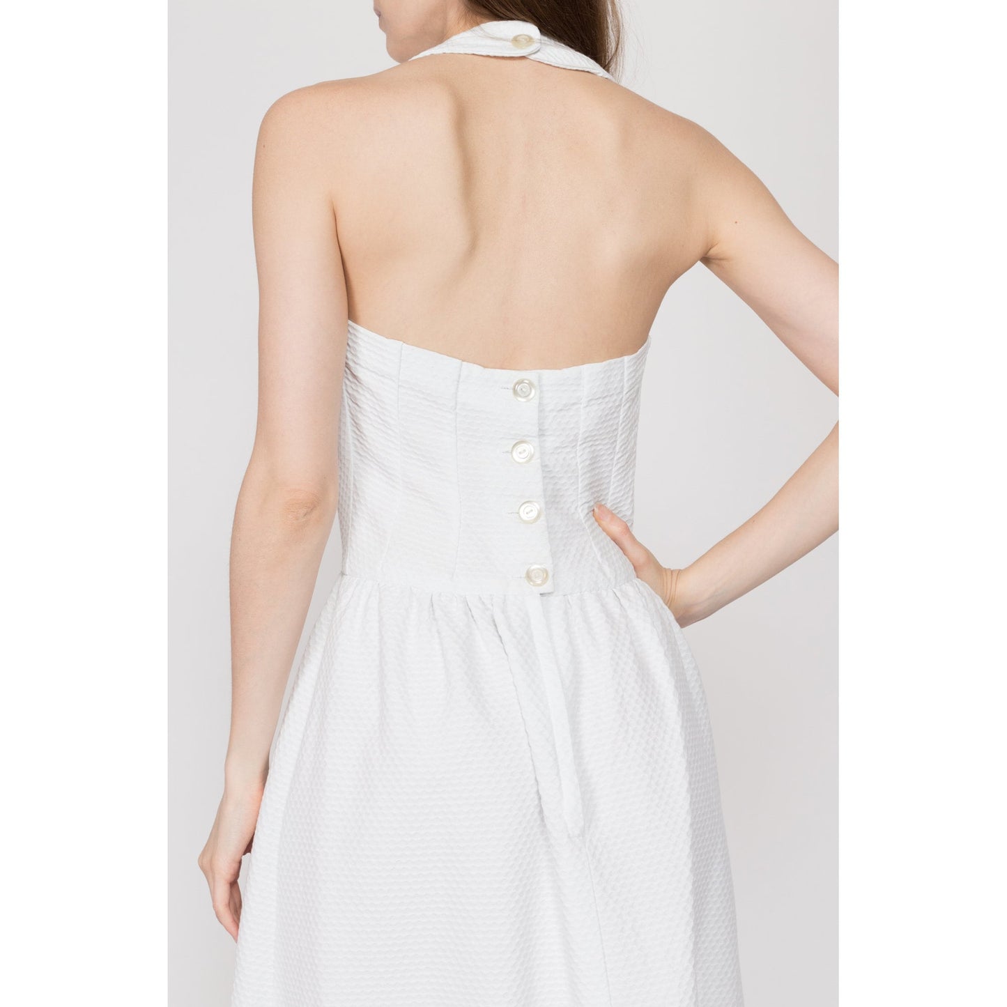 XS-Sm 70s Tulip Pocket Halter Maxi Dress | Vintage Boho White Flower Applique Long Summer Sundress