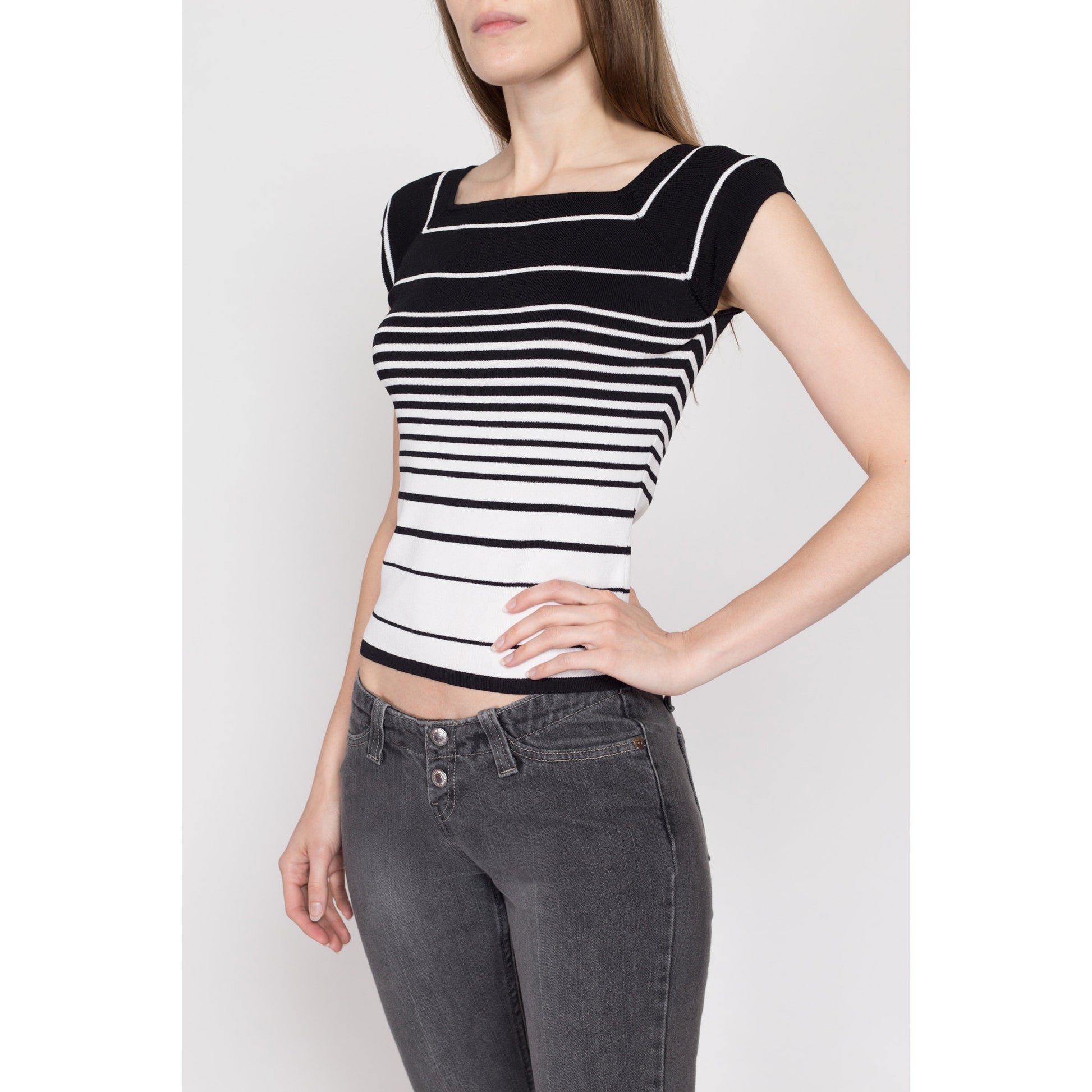 Small Y2K Black & White Gradient Striped Knit Top | Vintage Cap Sleeve Square Neck Fitted Shirt