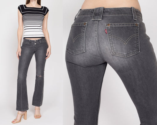XS Y2K Levis Low Rise Flared Grey Denim Jeans | Vintage 2000s Levi's 520 Too Superlow Stretch Bootcut Jeans