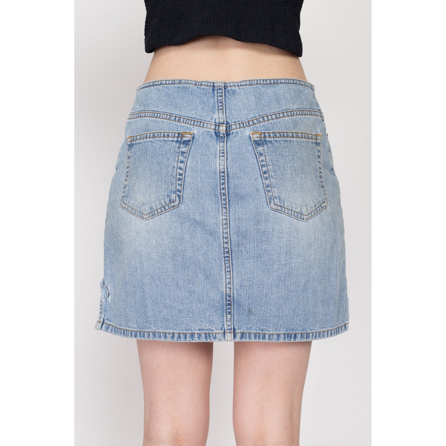 Small Y2K Low Rise Jean Mini Skirt | Vintage Faded Light Wash Denim A Line No Waist Miniskirt