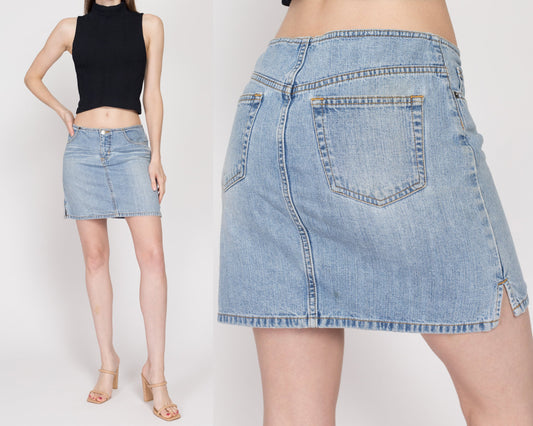 Small Y2K Low Rise Jean Mini Skirt | Vintage Faded Light Wash Denim A Line No Waist Miniskirt