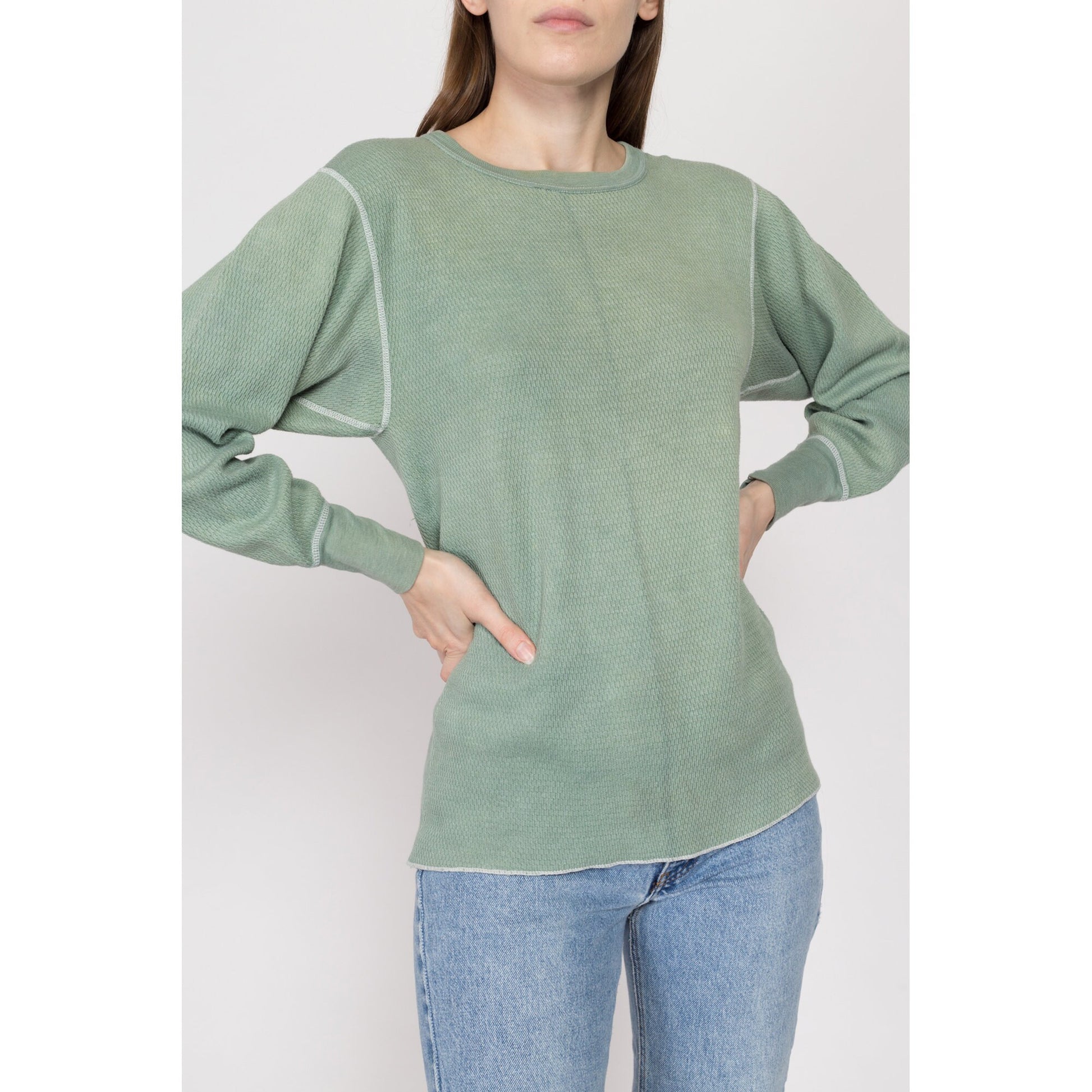 Large 80s Faded Sage Green Waffle Knit Thermal Shirt Unisex | Vintage Plain Long Sleeve Grunge Undershirt Long Johns Top