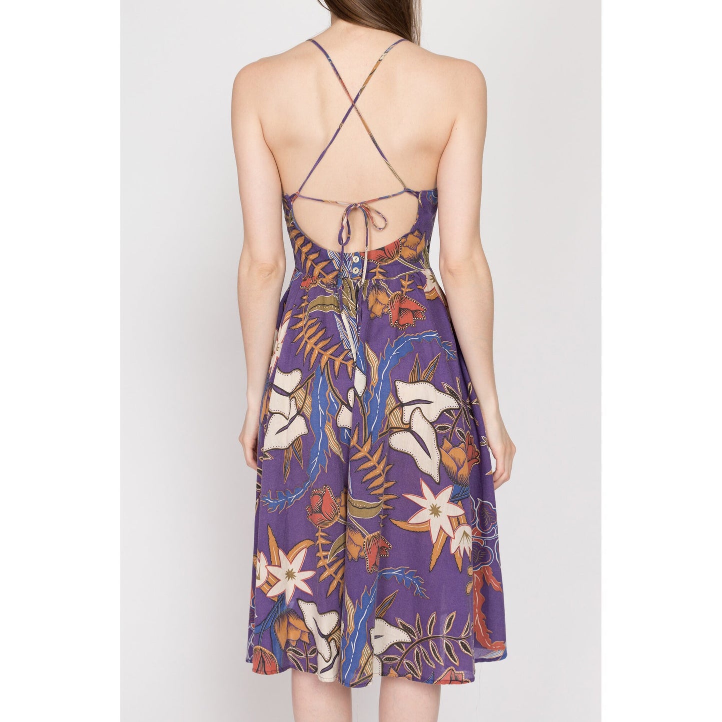XS 70s Boho Purple Floral Backless Midi Sundress | Vintage Criss Cross Spaghetti Strap Open Back Pocket Fit & Flare Dress