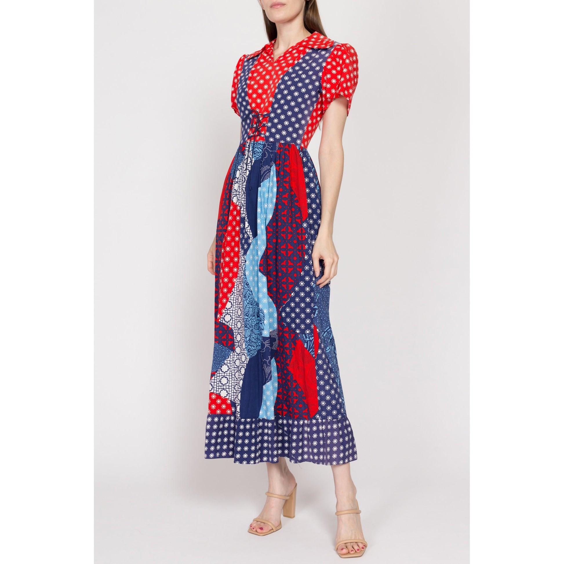 Sm-Med 60s Red & Blue Renaissance Corset Maxi Dress | Vintage Boho Psychedelic Floral Lace Up Hippie Gown