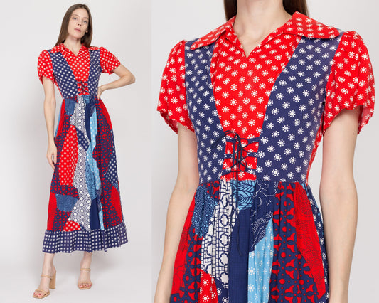 Sm-Med 60s Red & Blue Renaissance Corset Maxi Dress | Vintage Boho Psychedelic Floral Lace Up Hippie Gown