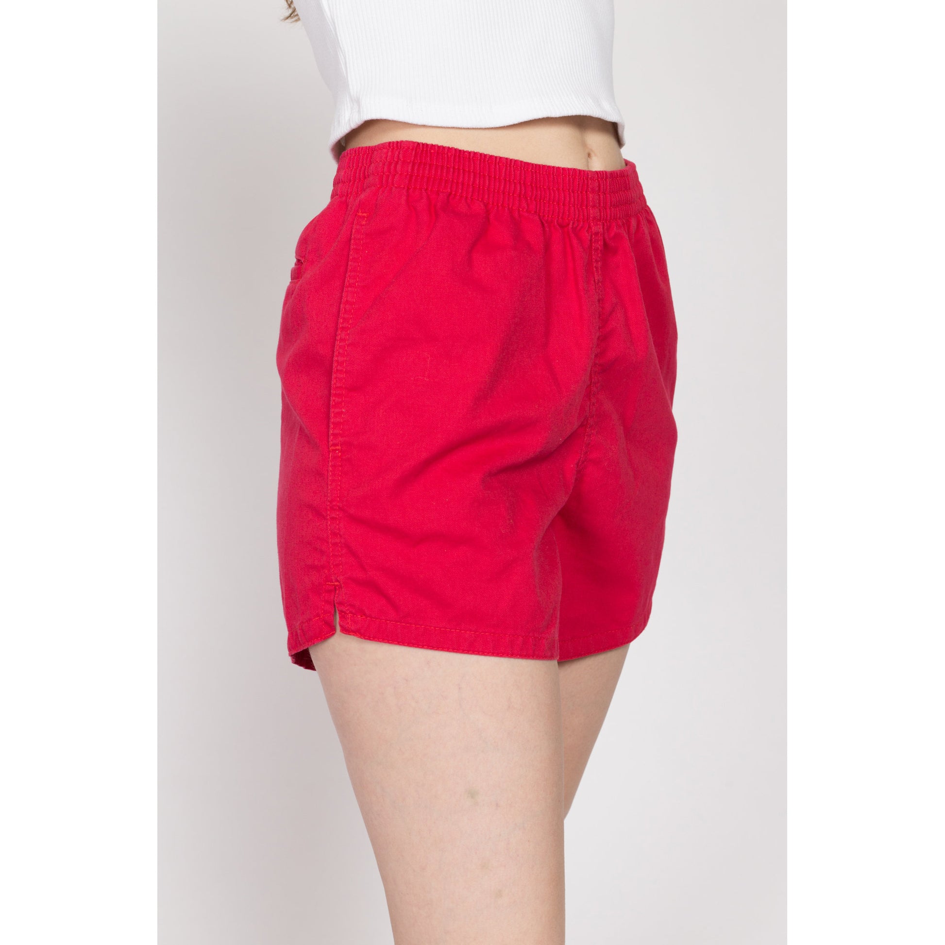 Small 90s Red Cotton Elastic Waist Shorts | Vintage High Rise Causal Pocket Athletic Shorts