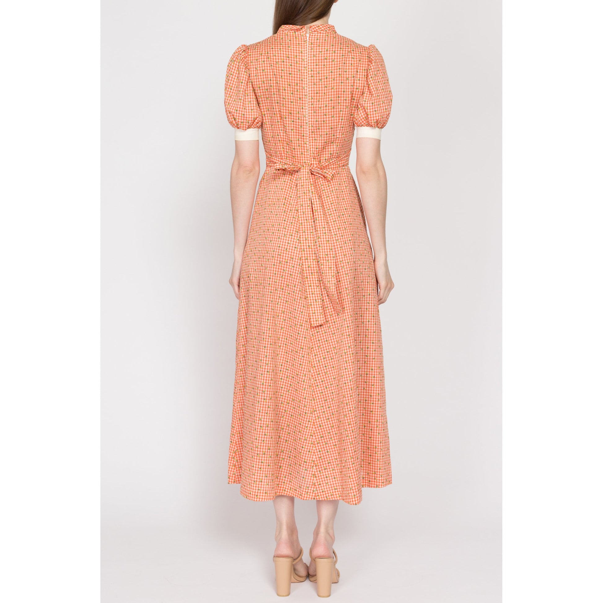 XXS-XS 60s Orange Gingham Floral Prairie Maxi Dress | Vintage Boho Puff Sleeve Hippie Gown