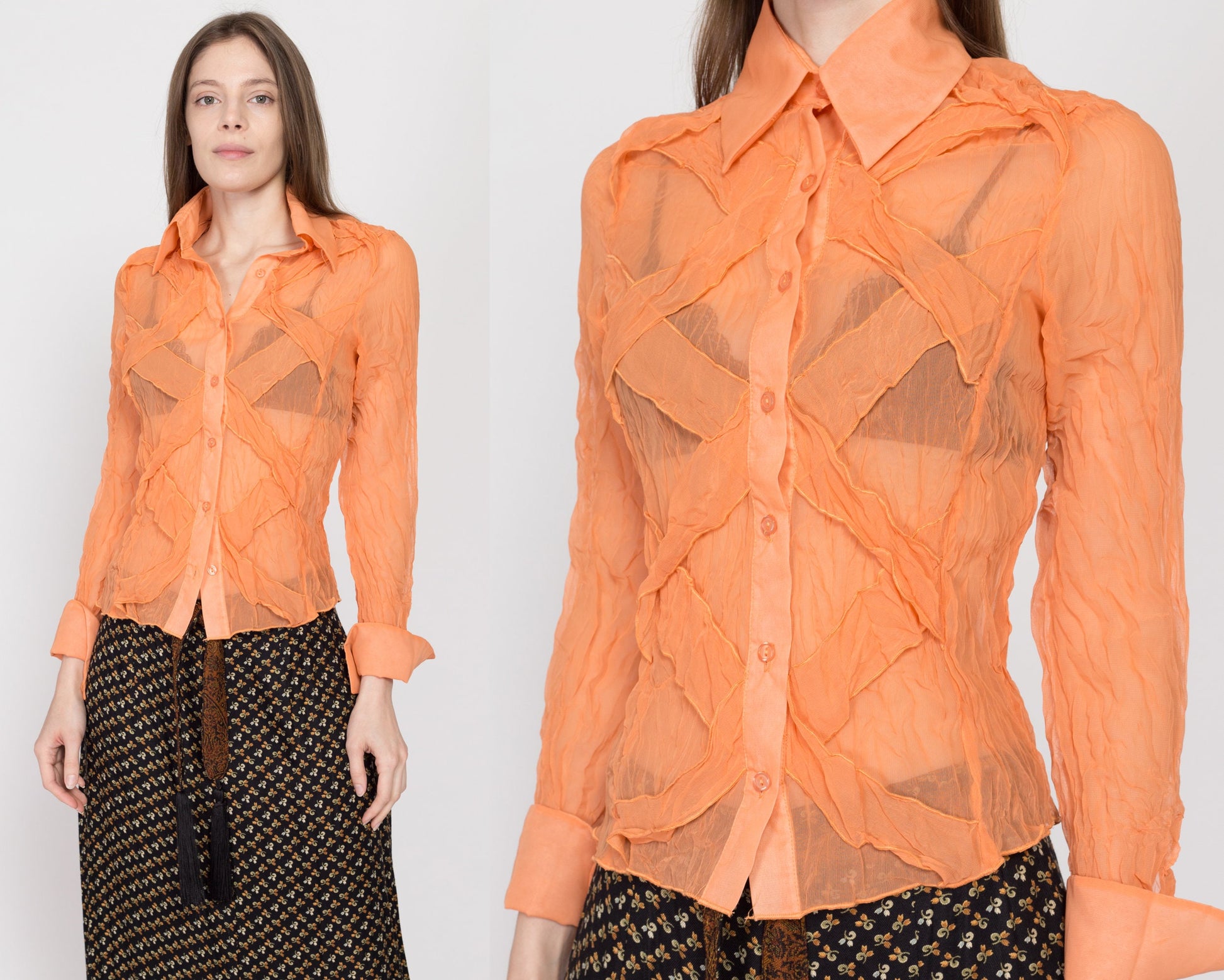 Small 90s Y2K Orange Sheer Crinkle Textured Blouse | Vintage Long Sleeve Collared Button Up Top