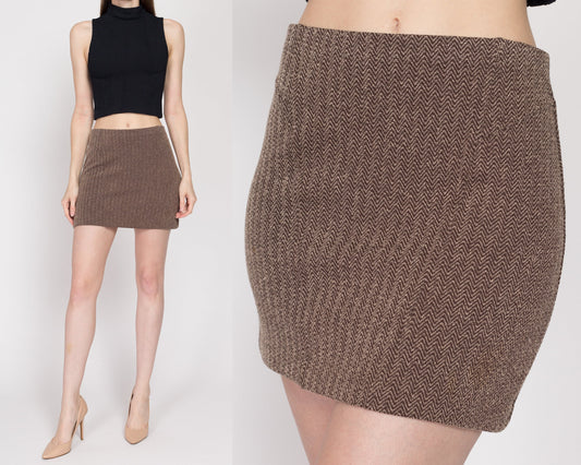XS-Sm 90s Brown Herringbone Knit Mini Skirt | Vintage Express Stretchy Woven High Waisted Fitted Miniskirt