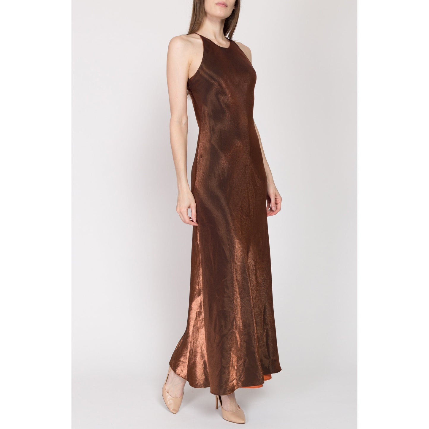 Small 90s Slinky Copper Satin Bias Cut Gown | Vintage Chelsea Nites Sleeveless Halter Racerback Formal Maxi Dress