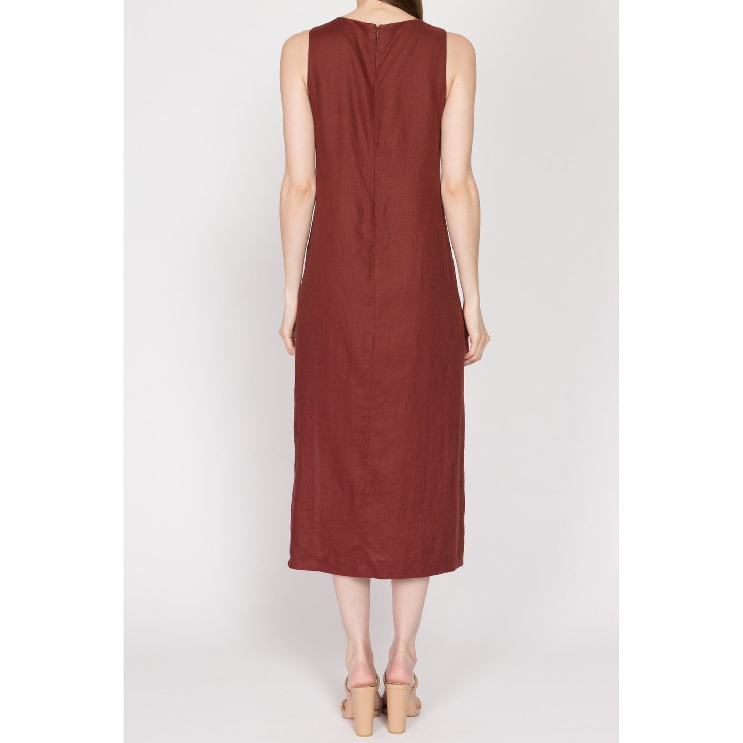 Small 90s Rust Red Linen Midi Shift Dress | Vintage Minimalist Side Slit Sleeveless Grunge Dress