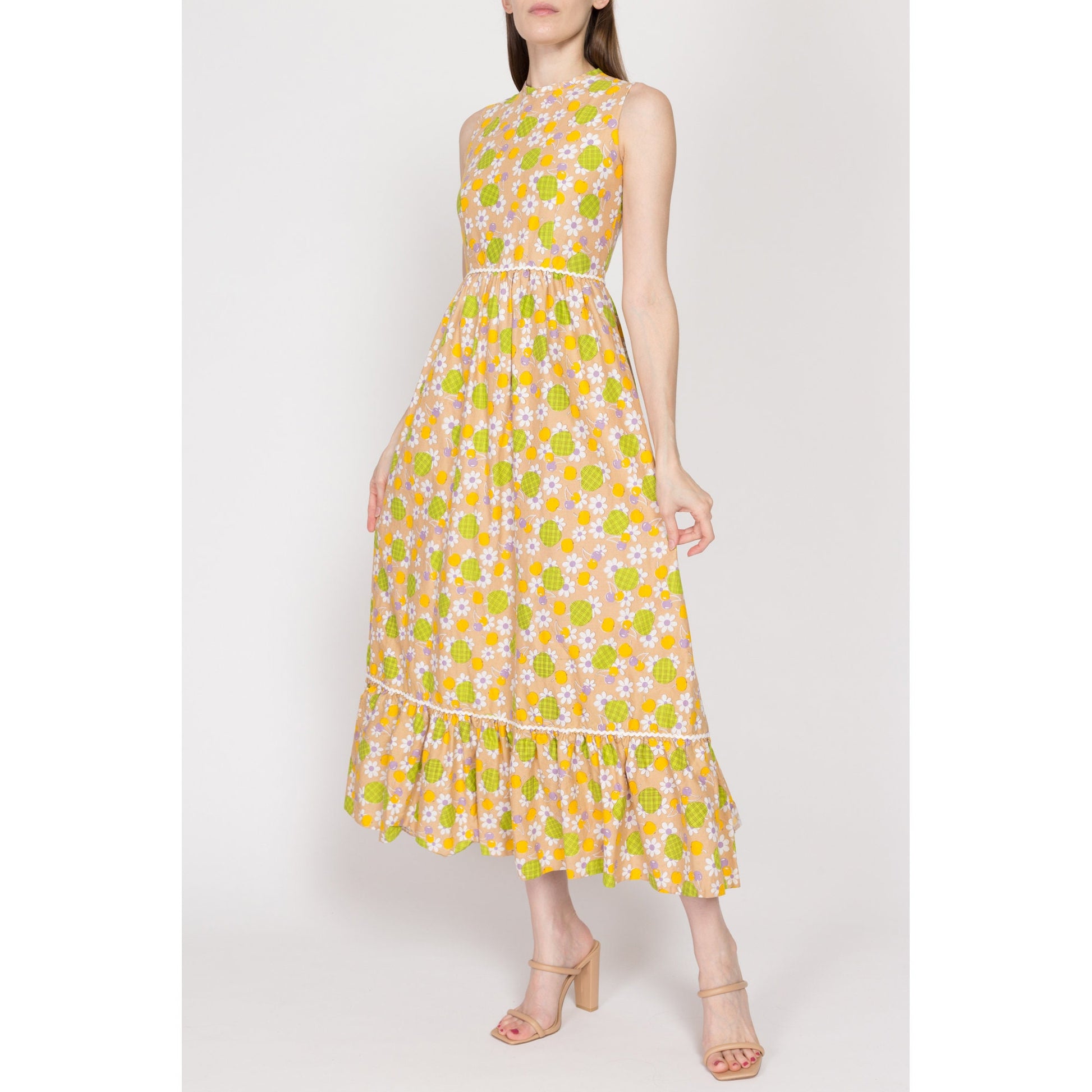 Petite XS 70s Boho Yellow Fruit & Floral Print Maxi Sundress | Vintage Keyhole Back Ric Rac Trim Novelty Sleeveless A Line Hippie Dress