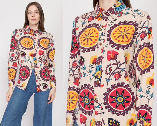 Medium 70s Psychedelic Floral Cotton Button Up Shirt | Vintage Boho Gauzy Long Sleeve Collared Disco Top