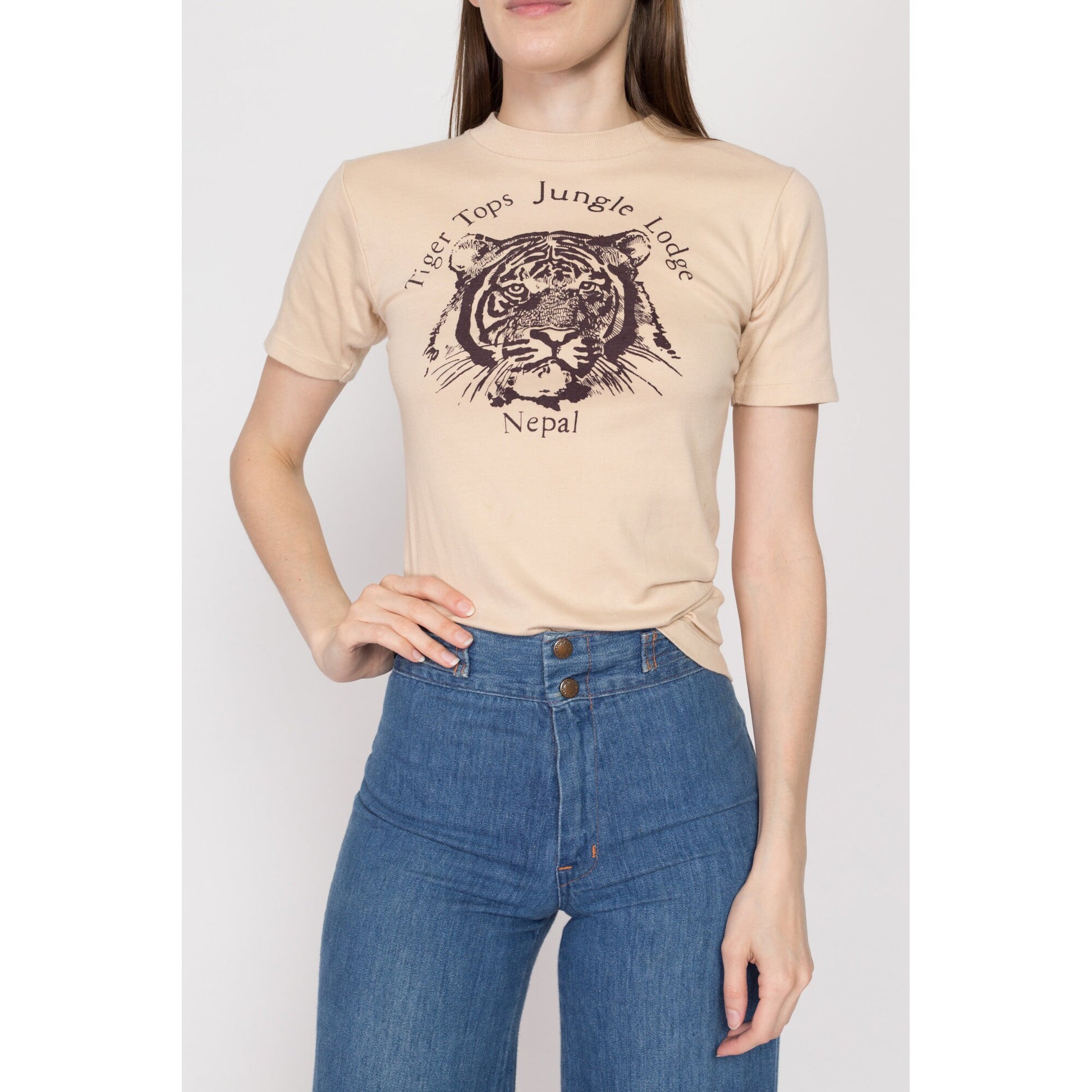 Small 80s Tiger Tops Jungle Lodge Nepal T Shirt | Vintage Tan Cotton Fitted Animal Graphic Tourist Tee