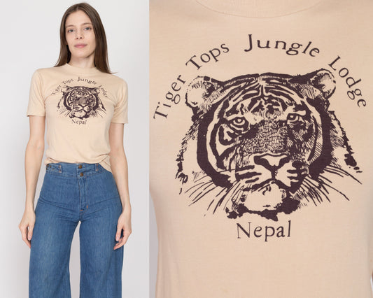 Small 80s Tiger Tops Jungle Lodge Nepal T Shirt | Vintage Tan Cotton Fitted Animal Graphic Tourist Tee