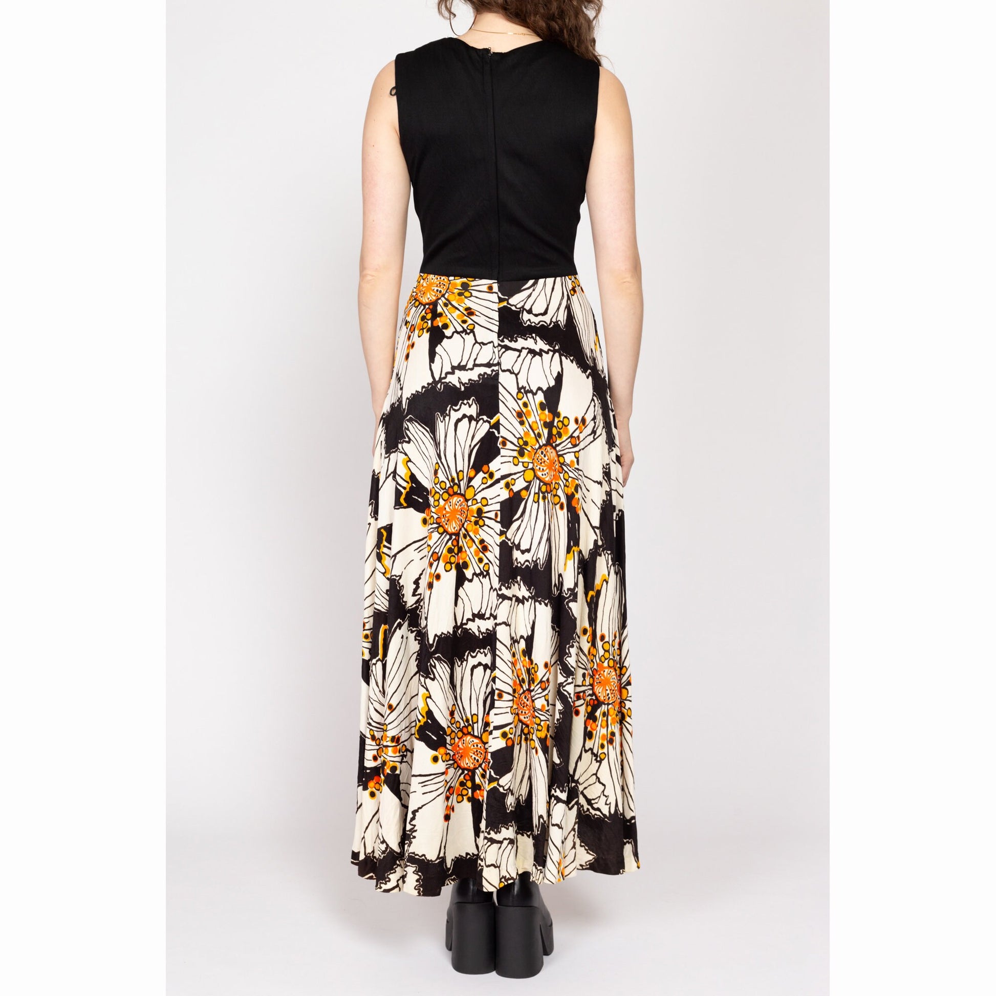 Medium 70s Black & White Poppy Print Maxi Dress, As Is | Vintage Sleeveless Boho Floral Hostess Dress