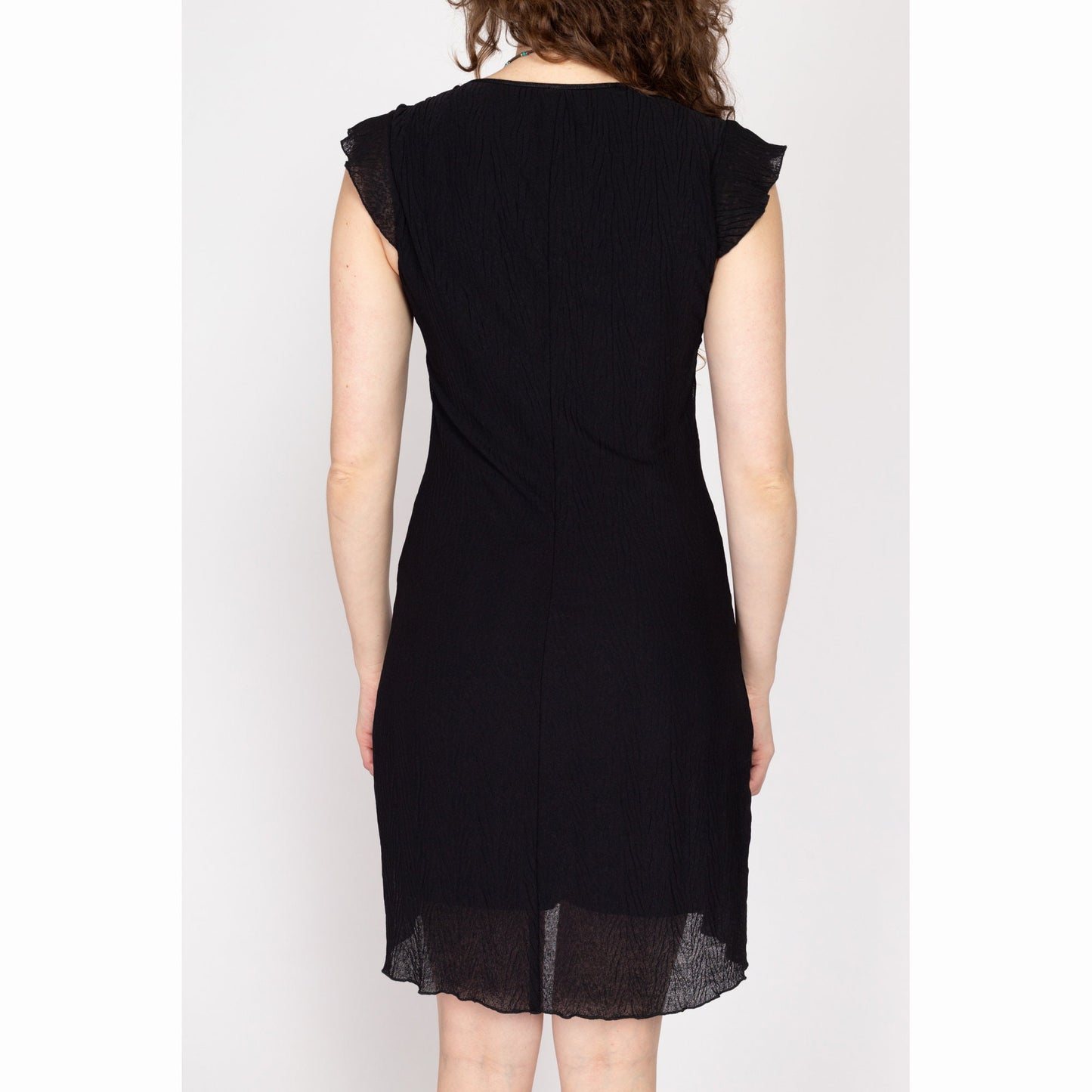 Sm-Med 90s Black Crinkle Babydoll Mini Dress | Vintage Flutter Sleeve Bias Cut Sundress