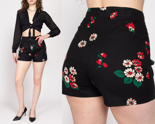 Small Vintage Black Floral Pinup Shorts 27" | Retro High Waisted Cotton Pleated Side Zip Shorts