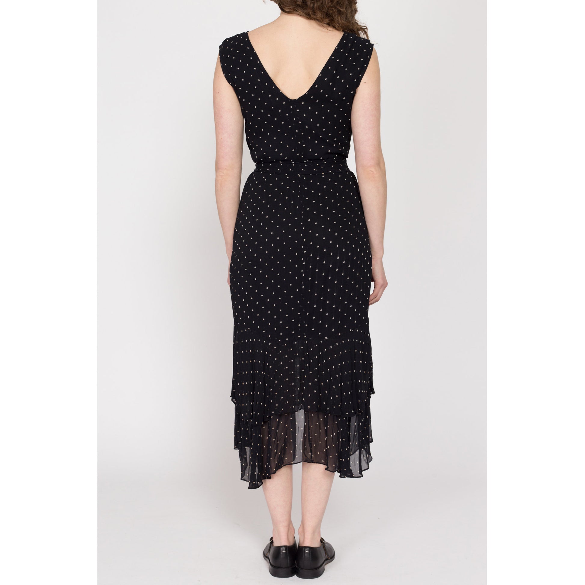 Medium 90s Black Silk Polka Dot Scarf Hem Dress | Vintage Boho Sleeveless Low Back Maxi Dress