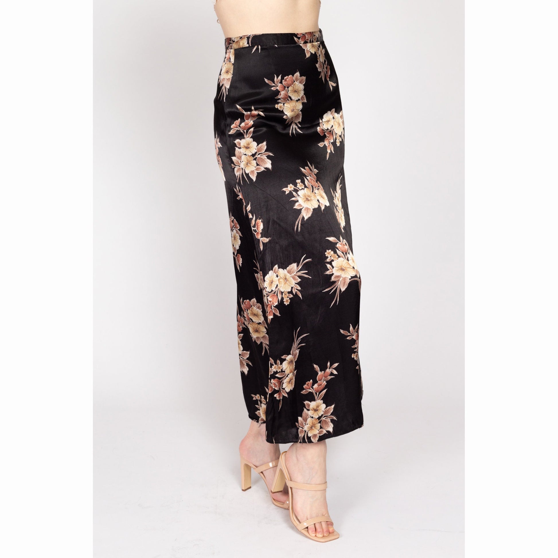 Medium 90s Black Floral Satin Maxi Skirt 28" | Vintage High Waisted Boho A Line Flowy Slip Skirt