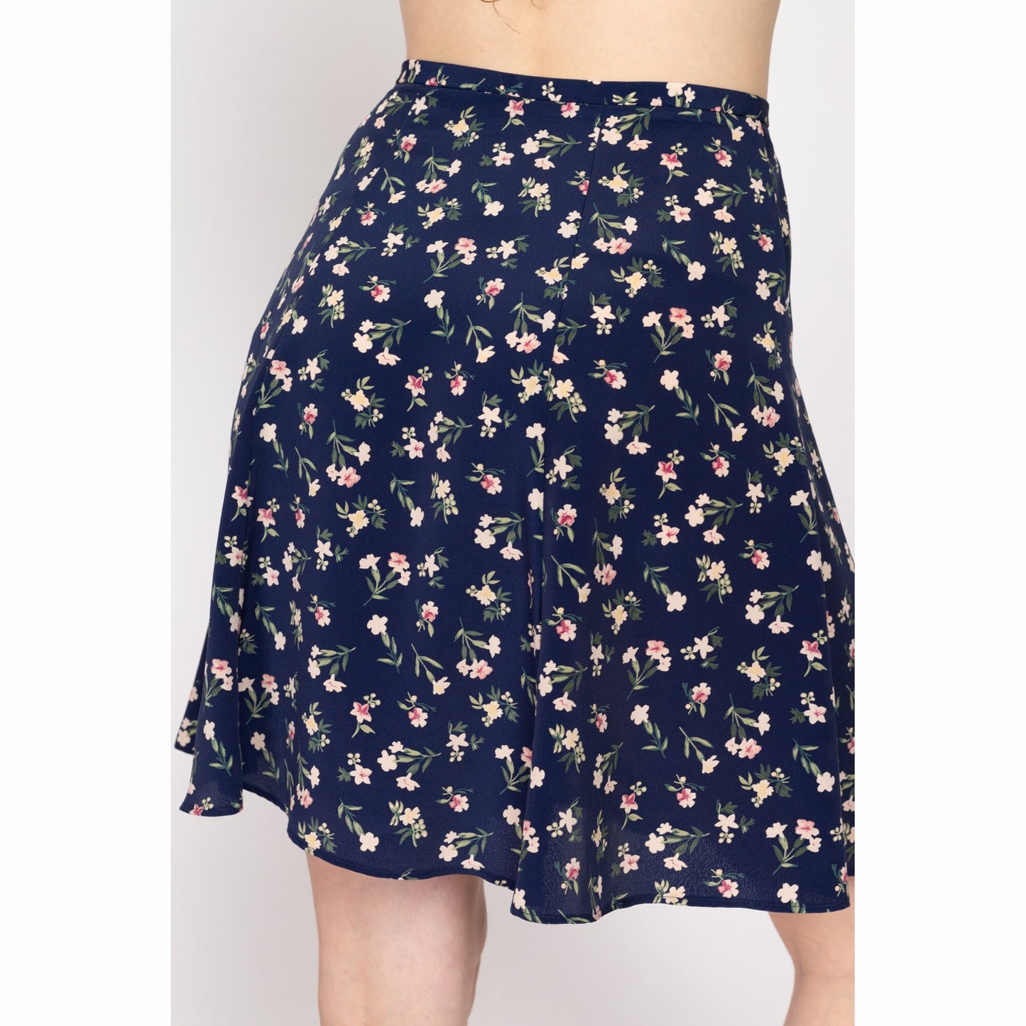 Small 90s Navy Blue Floral Mini Skirt 26.5" | Vintage Boho Flowy Flower Print Summer Miniskirt