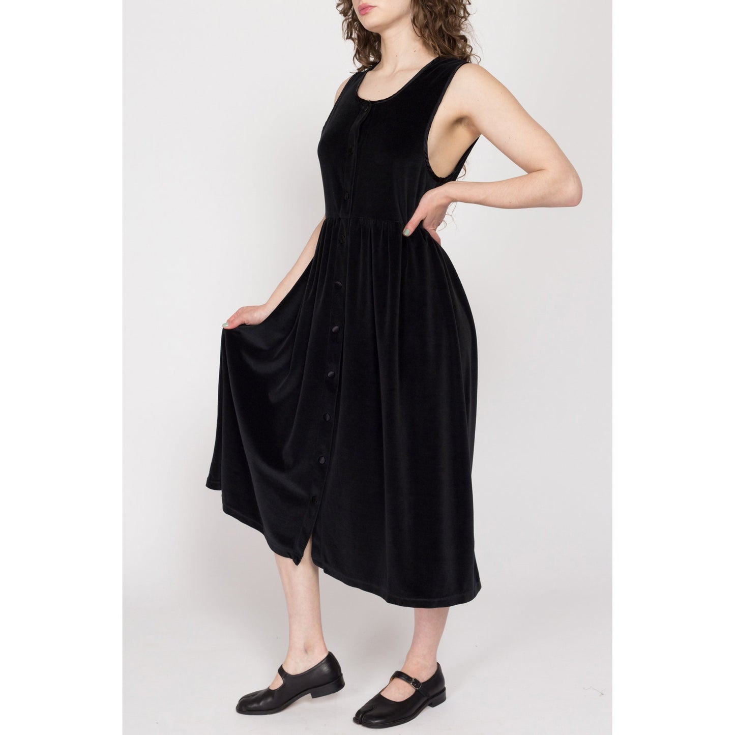 Medium 90s Black Velvet Grunge Pinafore Midi Dress | Vintage Scoop Neck Pocket Overall Tank Dress