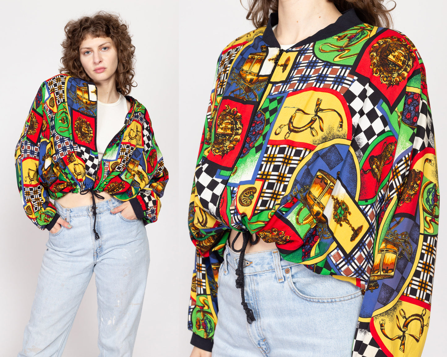 One Size 80s Baroque Print Cropped Bomber Jacket | Vintage Drawstring Waist Grunge Red Green Slouchy Zip Up Lightweight Jacket