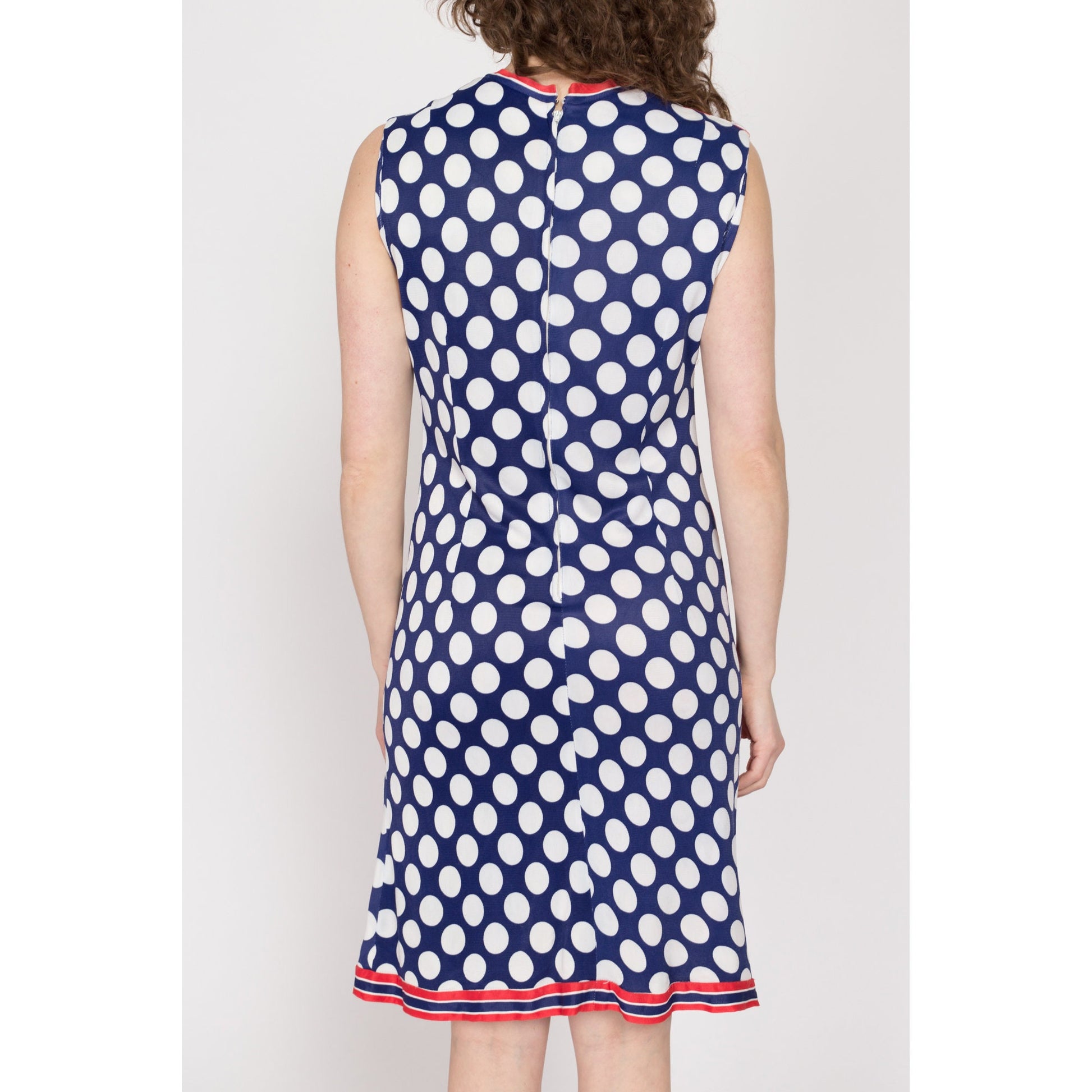 Medium 60s Red White & Blue Polka Dot Mod Mini Dress | Vintage Retro Sleeveless Color Block A Line Dress