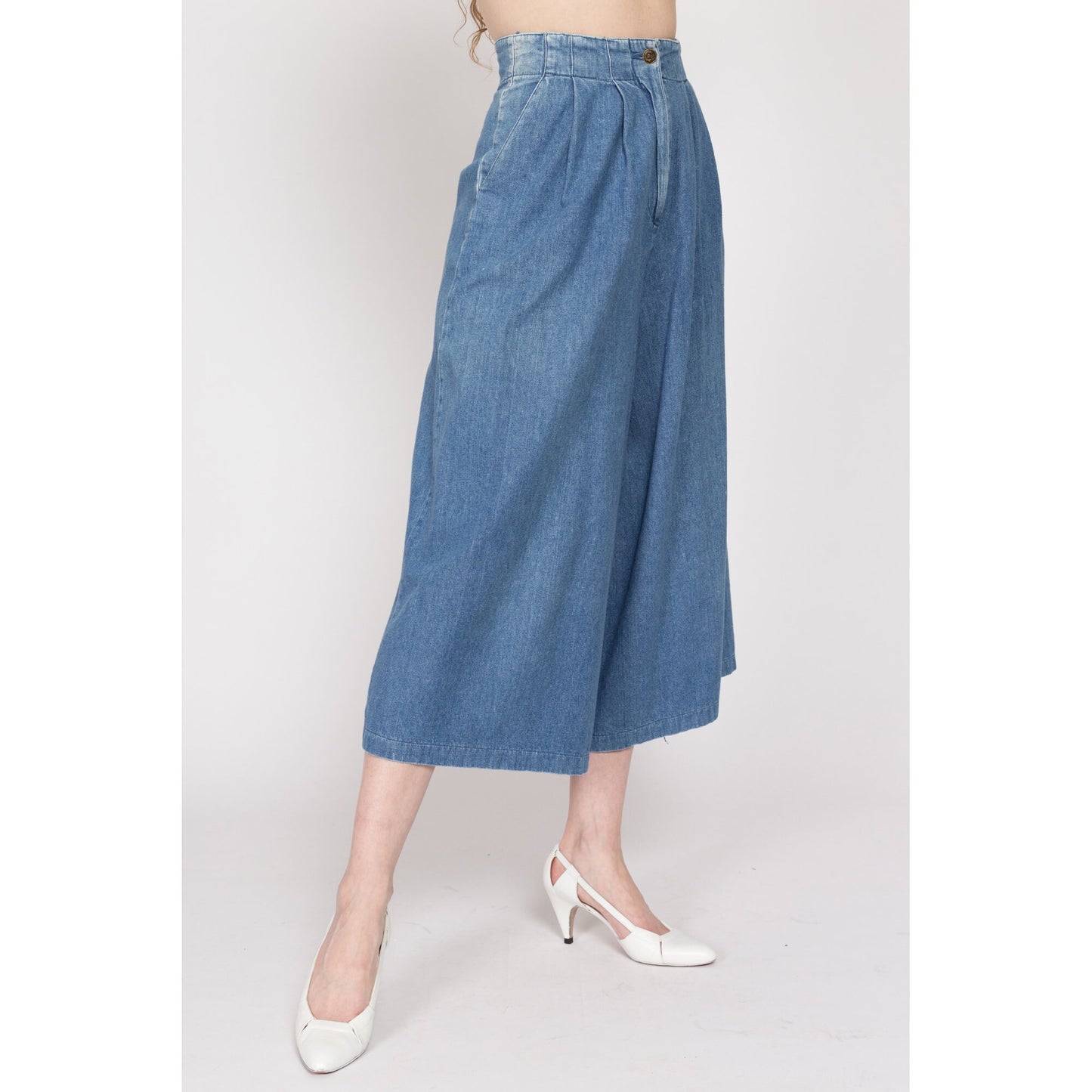 XS 80s Denim Long Culotte Shorts 25" | Vintage High Waisted Wide Leg Blue Jean Pocket Capri Pants