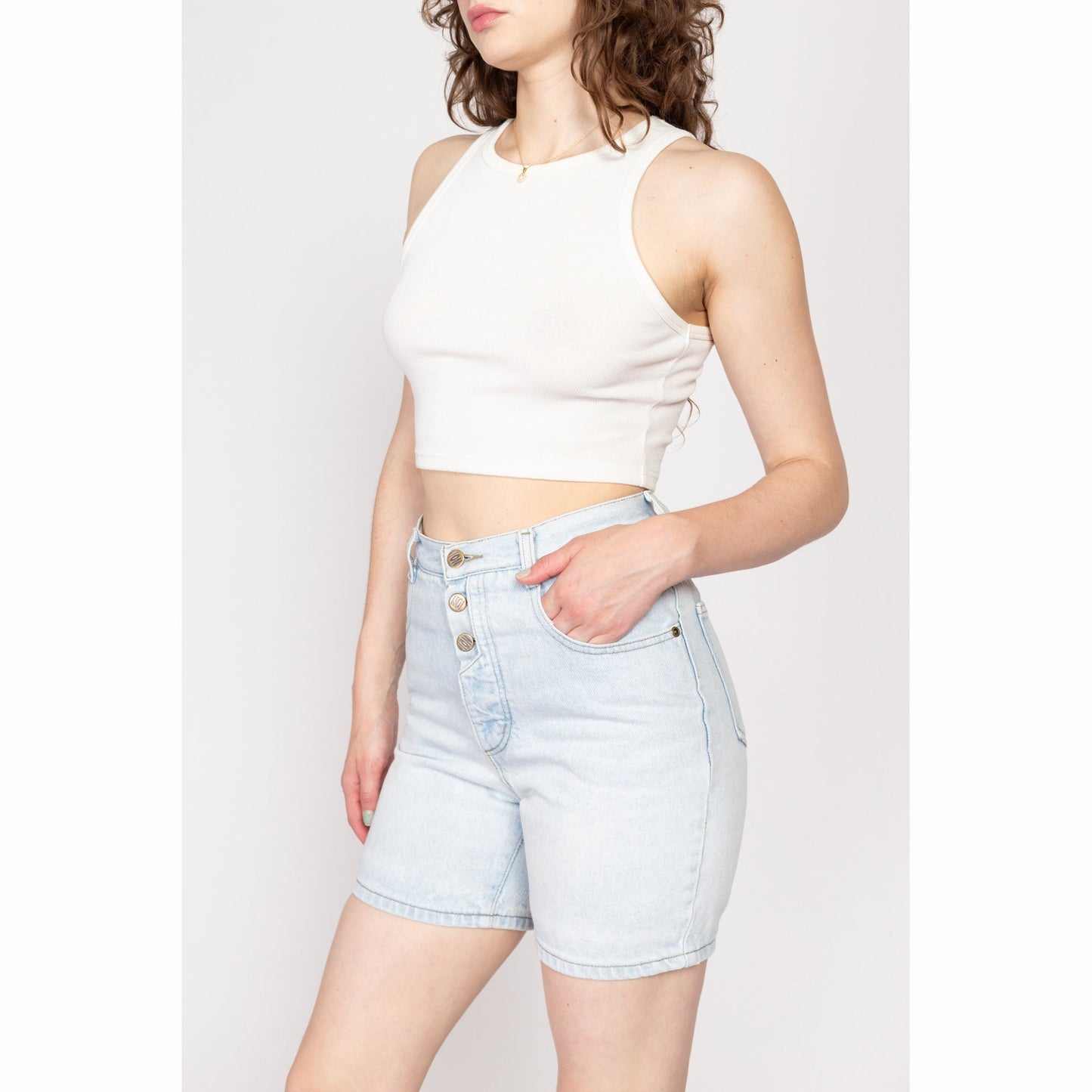 Small 90s Exposed Button Fly Light Wash Jean Shorts 27" | Vintage High Waisted Denim Shorts