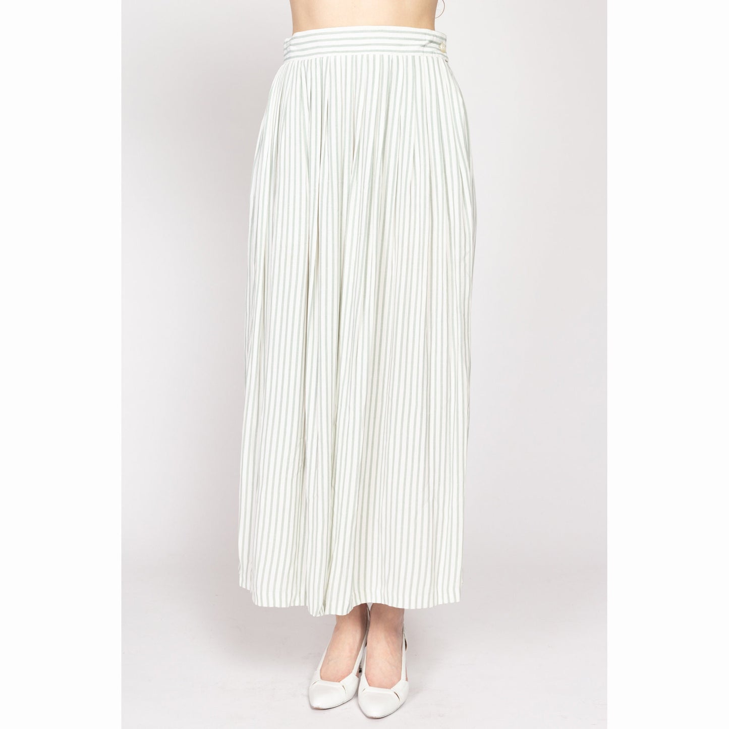 Medium 80s White & Sage Green Pinstriped Maxi Skirt 28" | Vintage High Waisted Pleated Boho Long Pocket Skirt