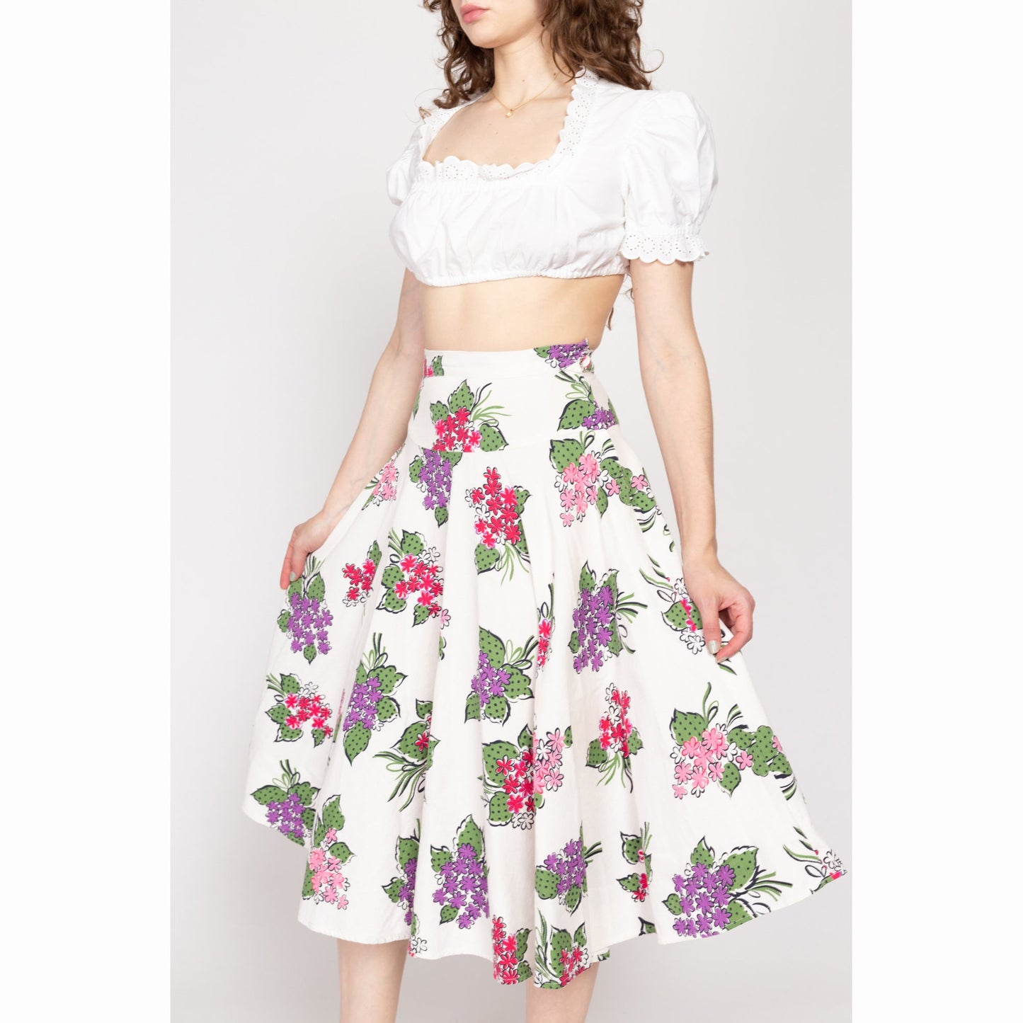 XS 50s 60s Cactus Flower Novelty Print Circle Skirt | Vintage White Floral Handmade High Waisted Yoke Midi Skirt
